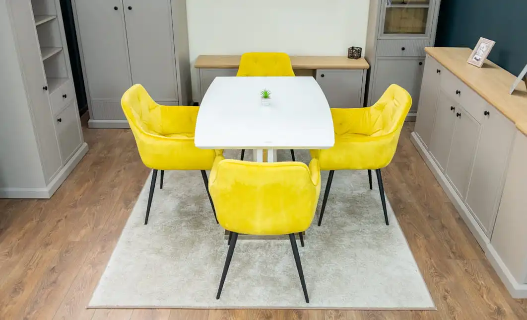Set Masă Living Extensibilă KJT380 Blat Lucios Alb cu 4 Scaune KJC38 Galbene 7
