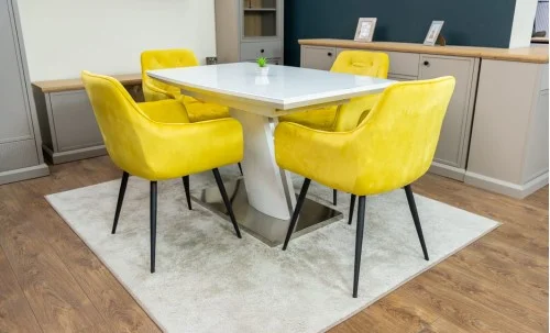Set Masă Living Extensibilă KJT380 Blat Lucios Alb cu 4 Scaune KJC38 Galbene