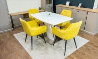 Set Masă Living Extensibilă KJT380 Blat Lucios Alb cu 4 Scaune KJC38 Galbene