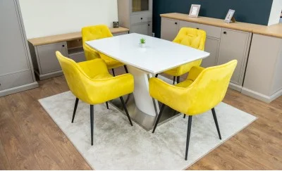 Set Masă Living Extensibilă KJT380 Blat Lucios Alb cu 4 Scaune KJC38 Galbene
