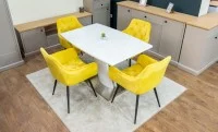 Set Masă Living Extensibilă KJT380 Blat Lucios Alb cu 4 Scaune KJC38 Galbene
