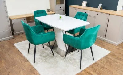 Set Masă Living Extensibilă KJT380 Blat Lucios Alb cu 4 Scaune KJC38 Verzi