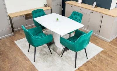 Set Masă Living Extensibilă KJT380 Blat Lucios Alb cu 4 Scaune KJC38 Verzi