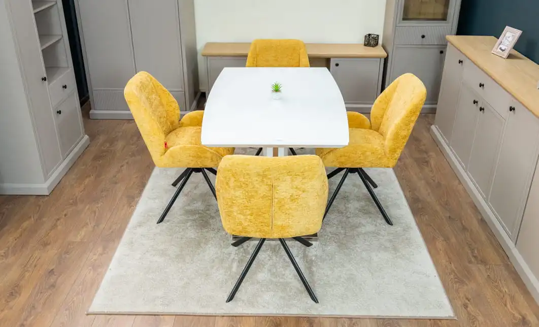 Set Masă Living Extensibilă KJT380 Blat Lucios Alb cu 4 Scaune Tapițate KJC4347 Galbene 7