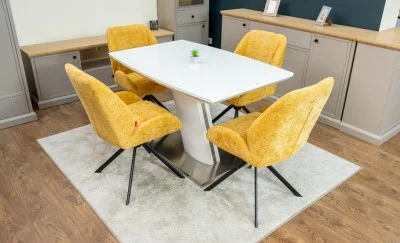 Set Masă Living Extensibilă KJT380 Blat Lucios Alb cu 4 Scaune Tapițate KJC4347 Galbene