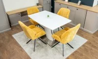 Set Masă Living Extensibilă KJT380 Blat Lucios Alb cu 4 Scaune Tapițate KJC4347 Galbene 1