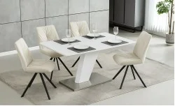 Set Masă Living Extensibilă KJT380 Alb cu 4 Scaune KJC356 Bej