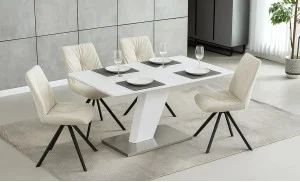 Set Masă Living Extensibilă KJT380 Alb cu 4 Scaune KJC356 Bej