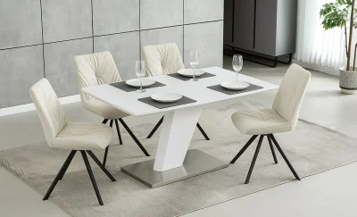 Set Masă Living Extensibilă KJT380 Alb cu 4 Scaune KJC356 Bej