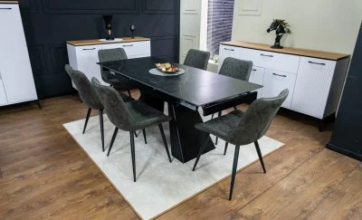 Set Masă Living Extensibilă KJT416 Neagră cu 6 Scaune J262-L Gri