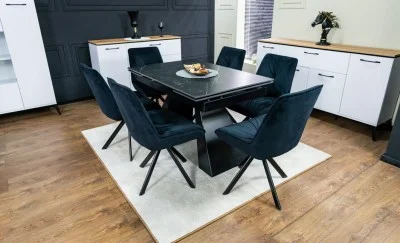 Set Masă Living Extensibilă KJT416 Neagră cu 6 Scaune KJC356 Negre