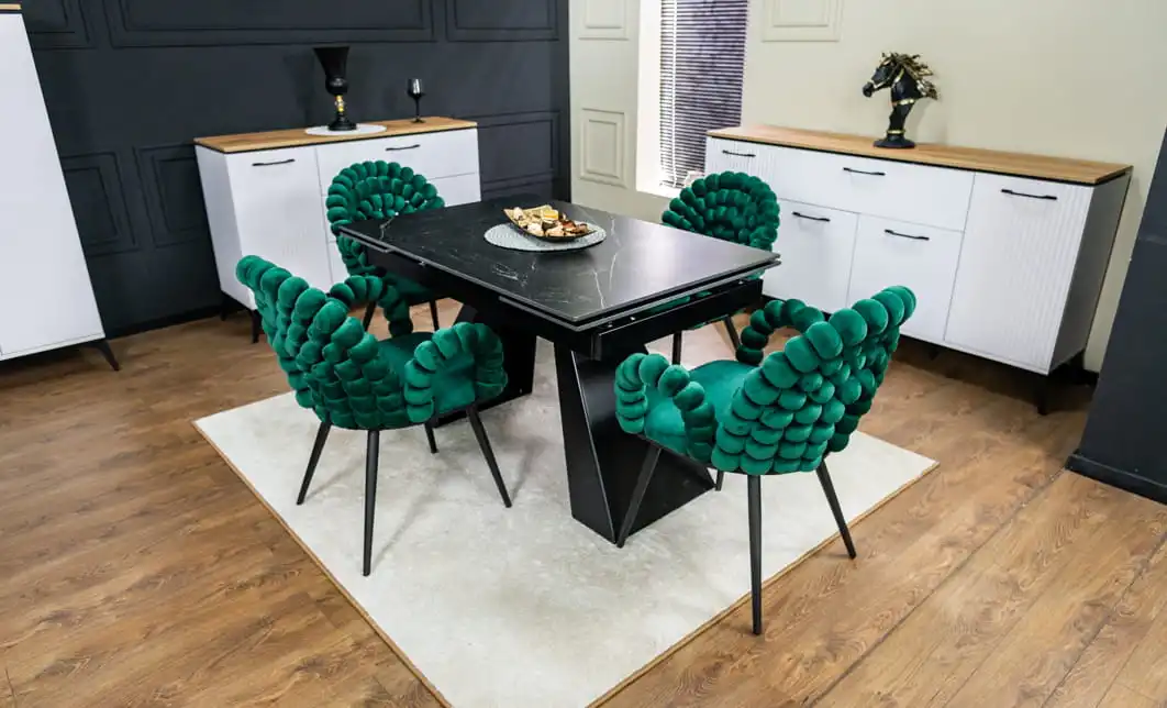 Set Masă Living Extensibilă KJT416 Neagră cu 4 Scaune KJC376 Verzi 1