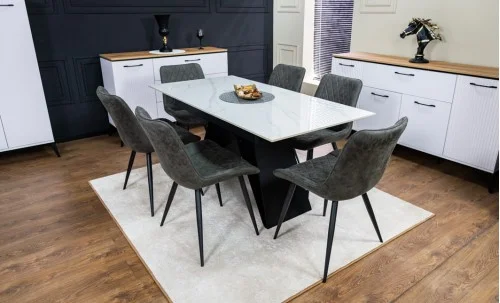 Set Masă Living Extensibilă KJT417 Albă cu 6 Scaune J262-L Gri