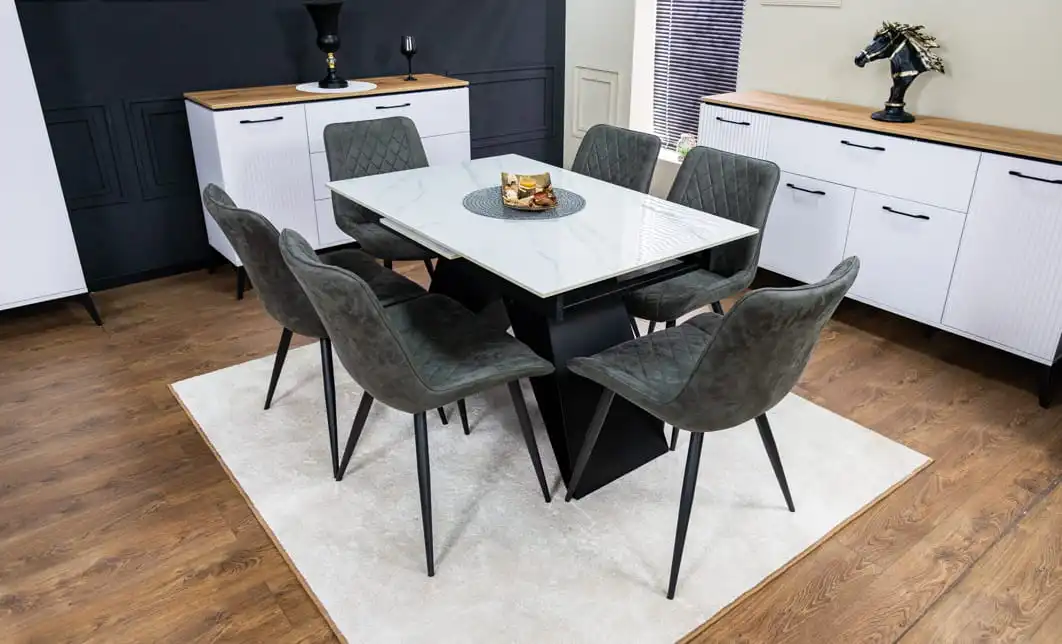 Set Masă Living Extensibilă KJT417 Albă cu 6 Scaune J262-L Gri