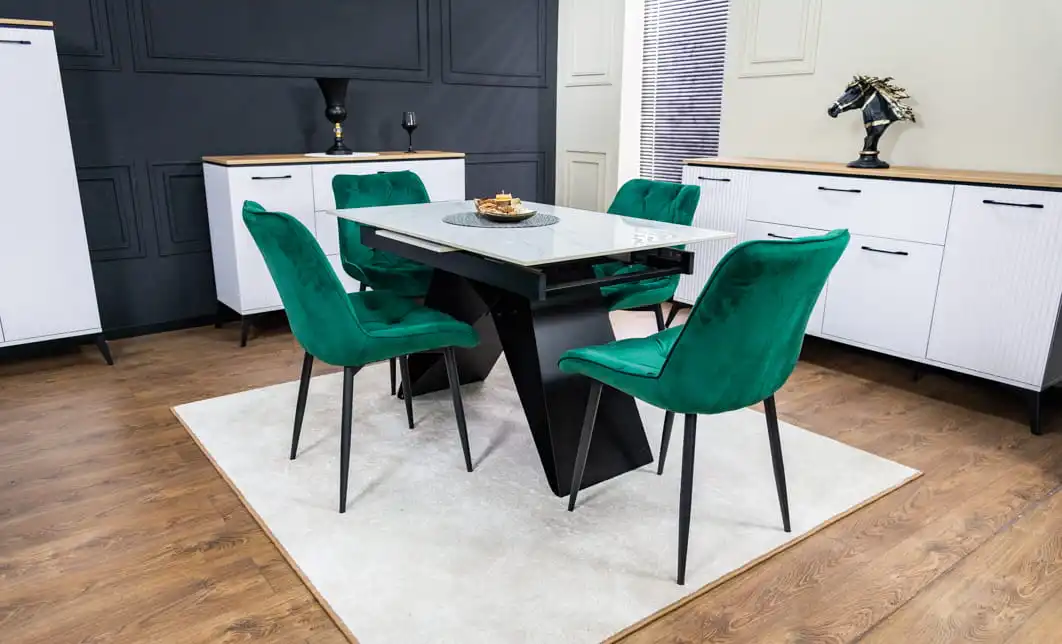 Set Masă Living Extensibilă KJT417 Albă cu 4 Scaune KJC0357 Verzi 2