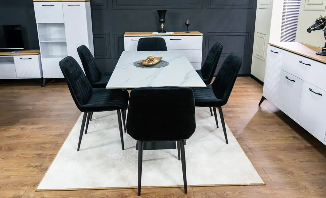 Set Masă Living Extensibilă KJT417 Albă cu 6 Scaune KJC176 Negre 2