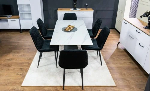 Set Masă Living Extensibilă KJT417 Albă cu 6 Scaune KJC176 Negre