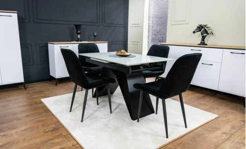 Set Masă Living Extensibilă KJT417 Albă cu 4 Scaune KJC176 Negre