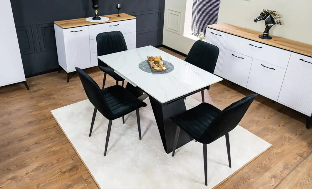 Set Masă Living Extensibilă KJT417 Albă cu 4 Scaune KJC176 Negre 1
