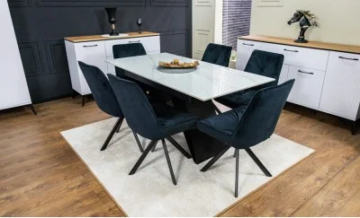 Set Masă Living Extensibilă KJT417 Albă cu 6 Scaune KJC356 Negre