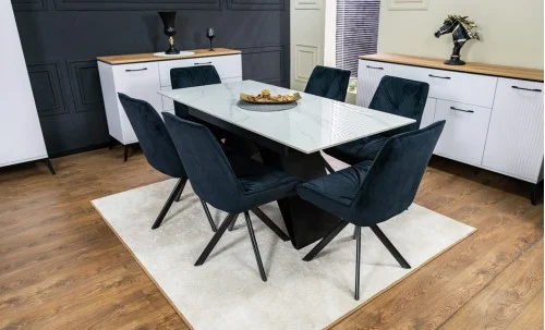 Set Masă Living Extensibilă KJT417 Albă cu 6 Scaune KJC356 Negre