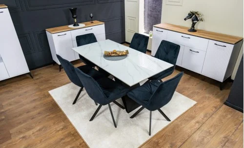 Set Masă Living Extensibilă KJT417 Albă cu 6 Scaune KJC356 Negre