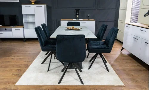 Set Masă Living Extensibilă KJT417 Albă cu 6 Scaune KJC356 Negre