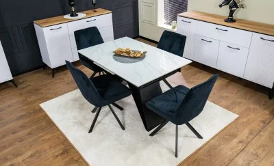 Set Masă Living Extensibilă KJT417 Albă cu 4 Scaune KJC356 Negre