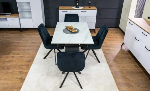 Set Masă Living Extensibilă KJT417 Albă cu 4 Scaune KJC356 Negre