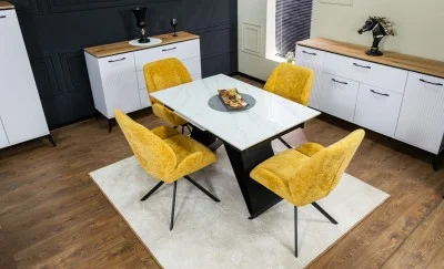 Set Masă Living Extensibilă KJT417 Albă cu 4 Scaune KJC4347 Galbene
