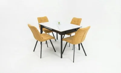 Set Masă Living Extensibilă KJT4711-1 Alb cu 4 Scaune DCM1801CF Muștar