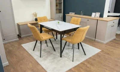 Set Masă Living Extensibilă KJT4711-1 Alb cu 4 Scaune DCM1801CF Muștar