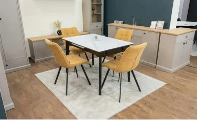 Set Masă Living Extensibilă KJT4711-1 Alb cu 4 Scaune DCM1801CF Muștar