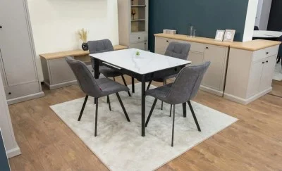 Set Masă Living Extensibilă KJT4711-1 Alb cu 4 Scaune DCM1801CF Gri