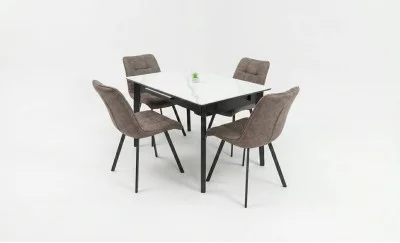 Set Masă Living Extensibilă KJT4711-1 Alb cu 4 Scaune DCM1801CF Maro