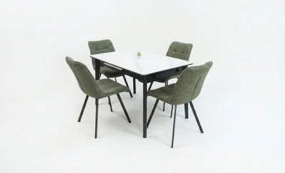 Set Masă Living Extensibilă KJT4711-1 Alb cu 4 Scaune DCM1801CF Verzi