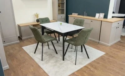 Set Masă Living Extensibilă KJT4711-1 Alb cu 4 Scaune DCM1801CF Verzi