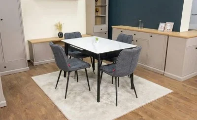 Set Masă Living Extensibilă KJT4711-1 Alb cu 4 Scaune Tapițate DCM2001AF Gri