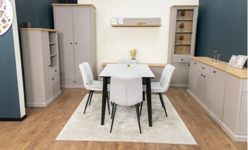 Set Masă Living Extensibilă KJT4711-1 Alb cu 4 Scaune Tapițate DCM2001AF Bej