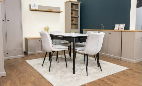 Set Masă Living Extensibilă KJT4711-1 Alb cu 4 Scaune Tapițate DCM2001AF Bej