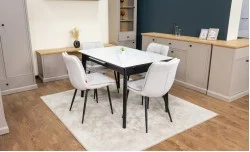 Set Masă Living Extensibilă KJT4711-1 Alb cu 4 Scaune Tapițate DCM2001AF Bej