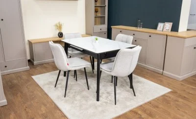 Set Masă Living Extensibilă KJT4711-1 Alb cu 4 Scaune Tapițate DCM2001AF Bej