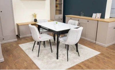 Set Masă Living Extensibilă KJT4711-1 Alb cu 4 Scaune Tapițate DCM2001AF Bej