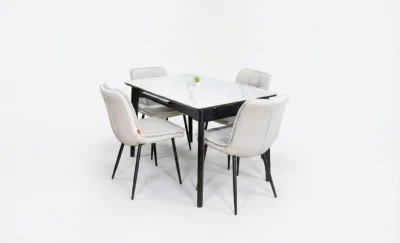 Set Masă Living Extensibilă KJT4711-1 Alb cu 4 Scaune Tapițate DCM2001AF Bej