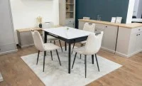 Set Masă Living Extensibilă KJT4711-1 Alb cu 4 Scaune KJC0358 Bej