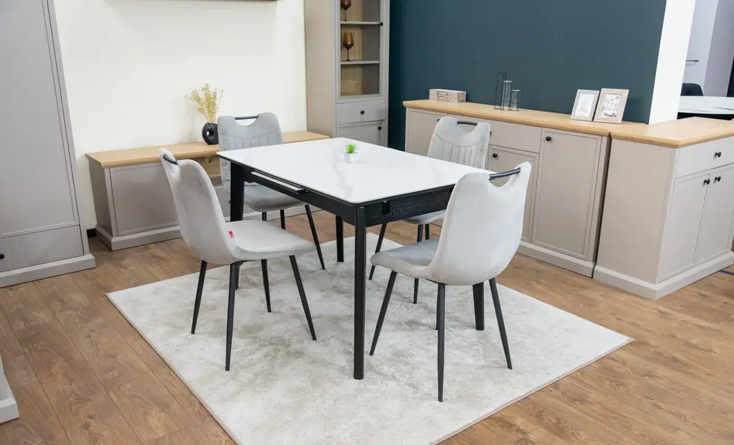 Set Masă Living Extensibilă KJT4711-1 Alb cu 4 Scaune KJC0358 Gri