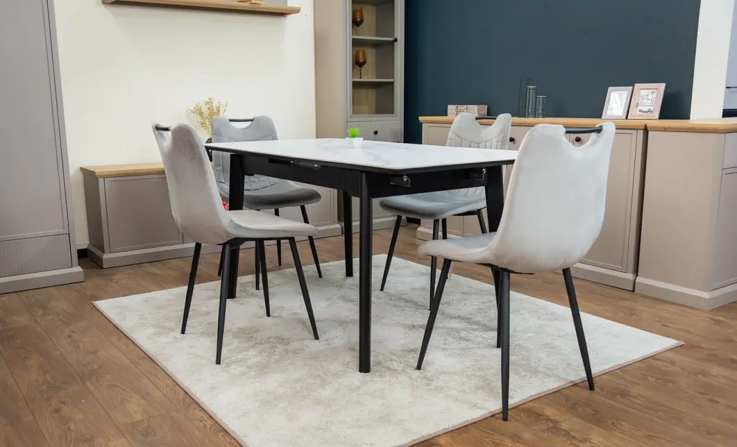 Set Masă Living Extensibilă KJT4711-1 Alb cu 4 Scaune KJC0358 Gri