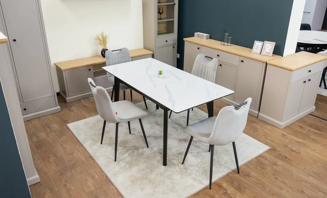 Set Masă Living Extensibilă KJT4711-1 Alb cu 4 Scaune KJC0358 Gri