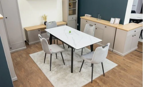 Set Masă Living Extensibilă KJT4711-1 Alb cu 4 Scaune KJC0358 Gri