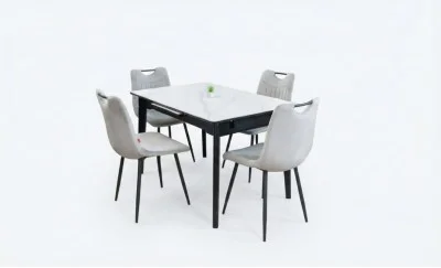 Set Masă Living Extensibilă KJT4711-1 Alb cu 4 Scaune KJC0358 Gri